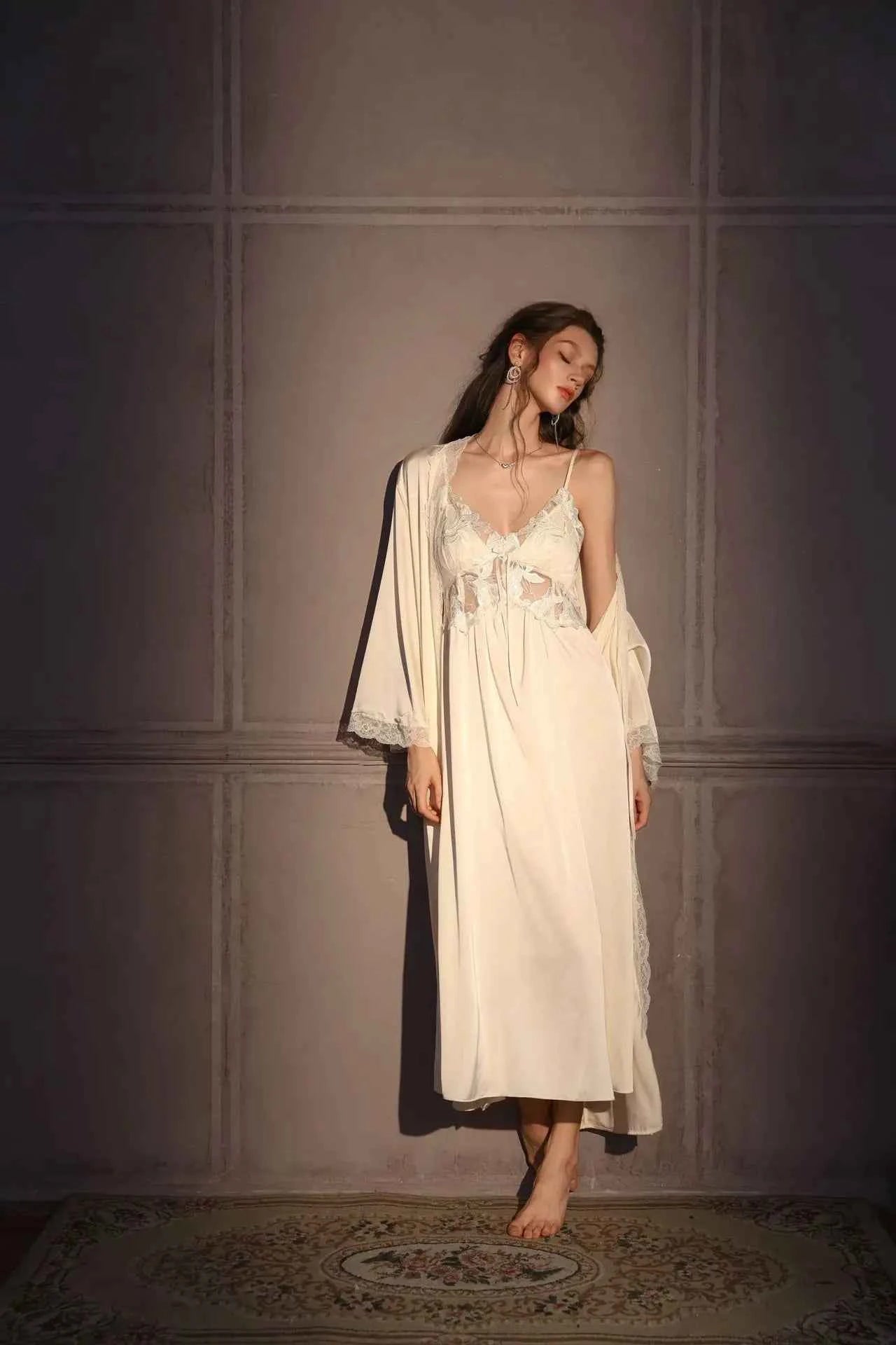 Elegant Female Long Robe Set Nightgown Silky Ice Silk Sleepwear - Urban Heaven Co