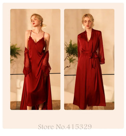 Wedding Bride Robe Set Women Bridal Lace Nightgown Long Kimono Bath Gown Intimate Lingerie - Urban Heaven Co