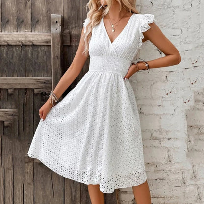Summer Women V-Neck Beach Dress Flare Sleeve Solid Color Hollow Lace Waist Dress. - Urban Heaven Co