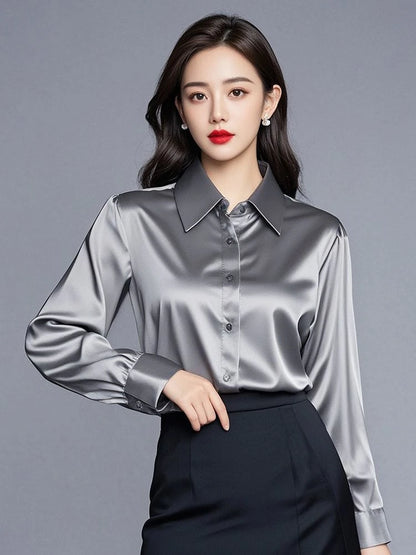 Elegant Silk Office Shirts Women Korean Fashion Y2k Clothes Slim Long Sleeve White Black Blusas Mujer Workwear Tops and Blouses - Urban Heaven Co