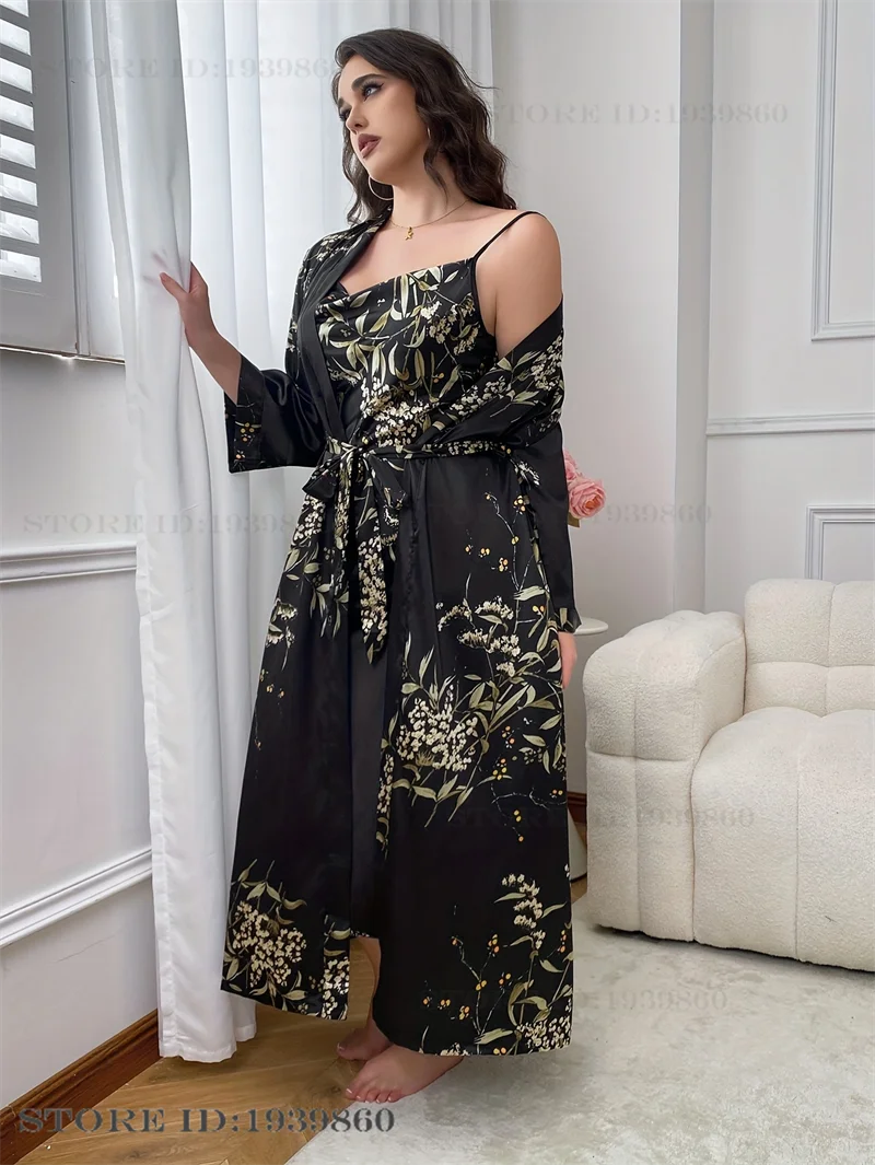 Large Size Female 2Pcs Robe Set Nightgown Print Cherry Long Kimono Bathrobe Gown Sleepwear. - Urban Heaven Co