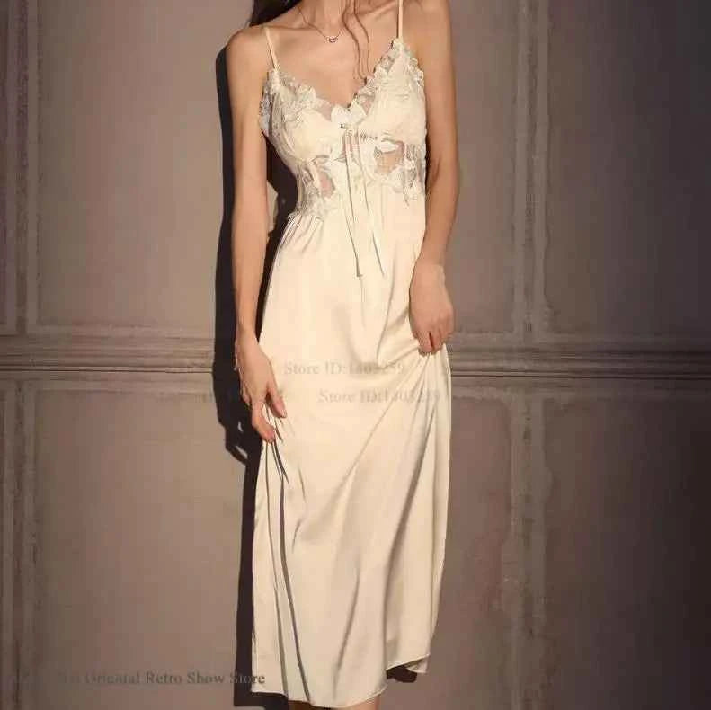 Elegant Female Long Robe Set Nightgown Silky Ice Silk Sleepwear - Urban Heaven Co