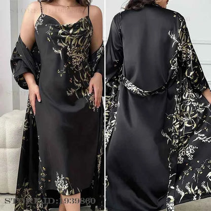 Large Size Female 2Pcs Robe Set Nightgown Print Cherry Long Kimono Bathrobe Gown Sleepwear. - Urban Heaven Co