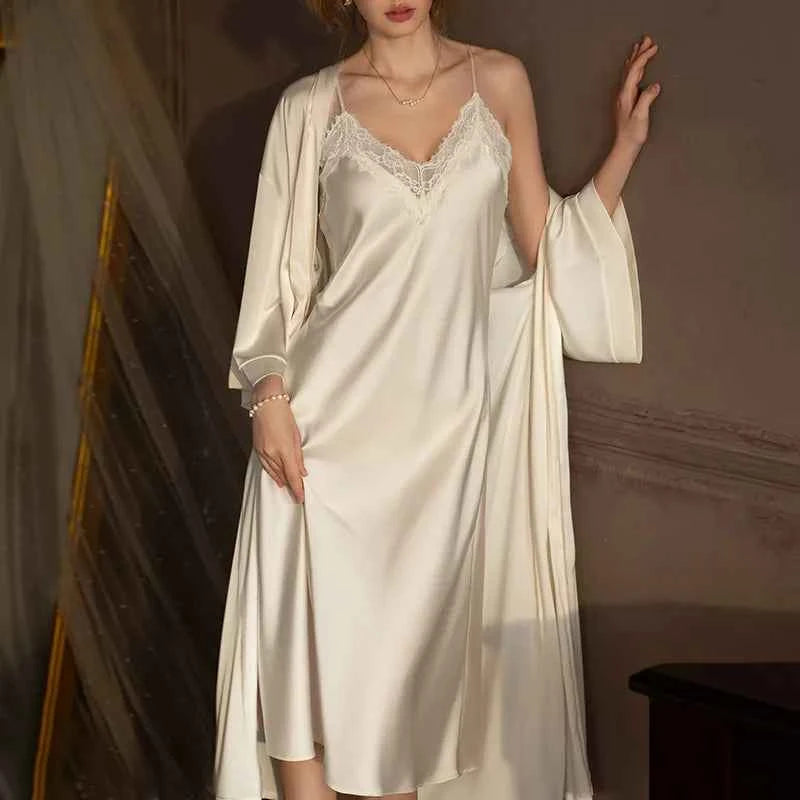 Plus Size Long 2PCS Robe Nightgown Set Pajama Elegant Kimono Bathrobe Gown Sleepwear Summer Sexy Women&