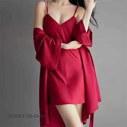 Sexy Lingerie Female Twinset Robe Set Nightgown Spring Summer New Backless Nightdress Sleepwear Loose Ice Silk Homewear Pajama - Urban Heaven Co