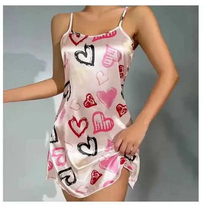 Women Nightwear Home Clothes Sexy Black Floral Printing Nightdress Sleepwear Nightshirts Silk Sleepshirts Nightgowns For Woman