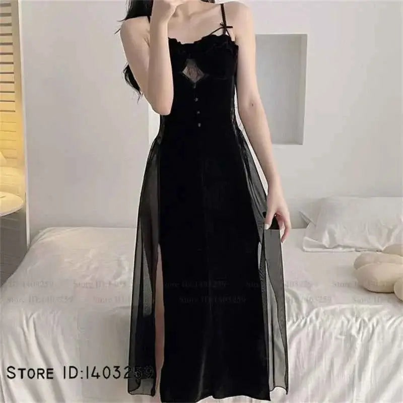 Sexy Velvet Hollow Lace Twinset Robe Set Female Long Nightgown Lingerie Elegant Kimono Bathrobe Gown Loose Sleepwear