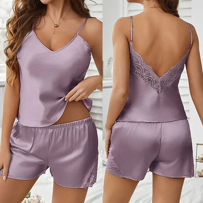 Faux Silk Satin Pajama Set for Women with V-Neck Spaghetti Straps and Lace Stitching, Comfortable Two-Piece Sleepwear Nightwear - Urban Heaven Co