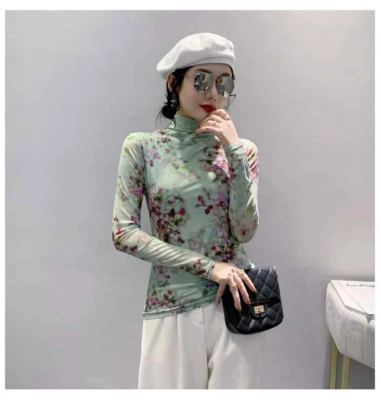 T Shirt Women Turtleneck Full Sleeve Printed Flowers Base Tees Female Sweet T-shirts - Urban Heaven Co