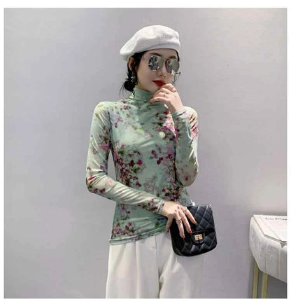 T Shirt Women Turtleneck Full Sleeve Printed Flowers Base Tees Female Sweet T-shirts - Urban Heaven Co