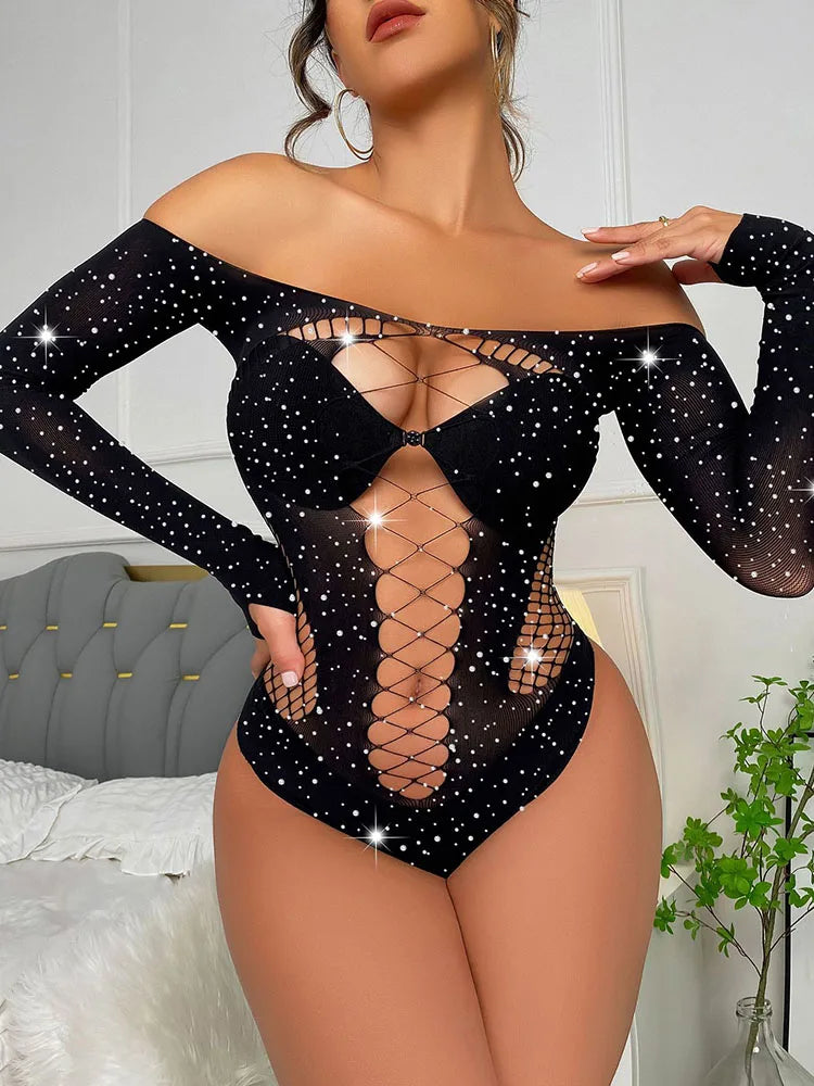 Fashion Shiny Rhinestone Bodysuit Women Sexy Lingerie Fishnet Dress Secret Lace Underwear Hot Sexy Set Erotic Shiny Bikinis - Urban Heaven Co