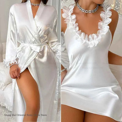 Sexy Female Twinset Robe Set Nightgown Silk Satin Female Sleepwear - Urban Heaven Co