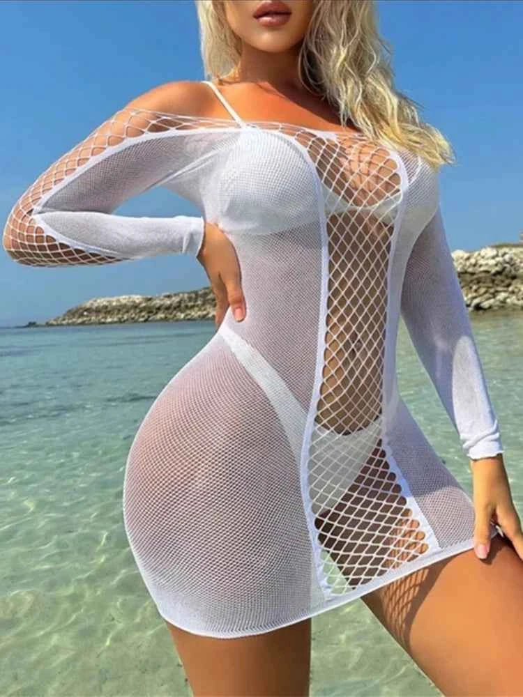 Women Nightwear Party Night Wear Sexy Hollow Transparent Mesh Bodycon Mini Dress - Urban Heaven Co