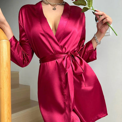Summer Lace-Up Bathrobe Women – Sexy Ice Silk Gown &amp; Morning Robe for Home - Urban Heaven Co