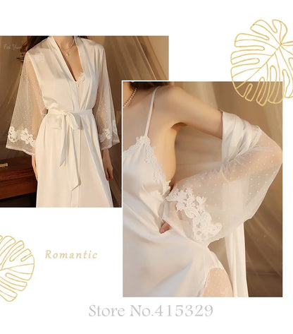 Wedding Bride Robe Set Women Bridal Lace Nightgown Long Kimono Bath Gown Intimate Lingerie - Urban Heaven Co