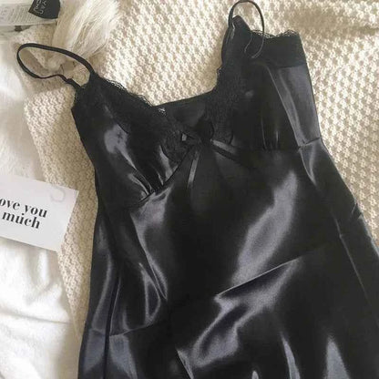 Print Flower Chemise Sleepwear Nightgown Short Summer Sexy Spaghetti Sling Homewear Satin Lace Patchwork Female Nightdress - Urban Heaven Co