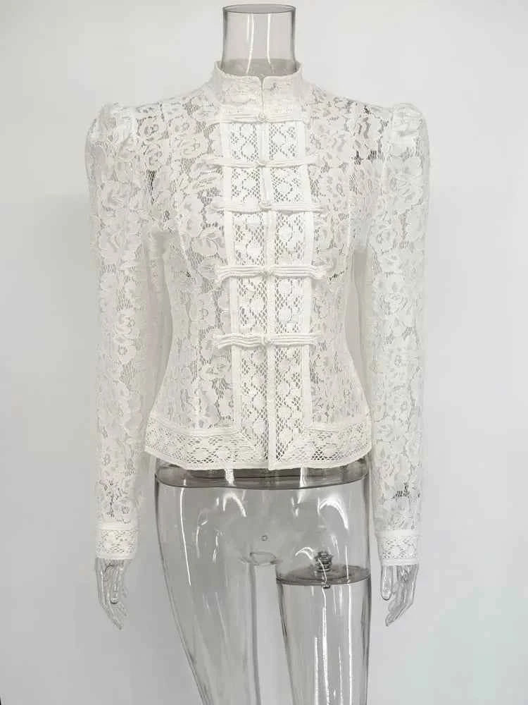 Tossy Summer Lace Printed Shirts Tops Female Hollow Out Fashion Commute Vintage See-Through Blouse. - Urban Heaven Co