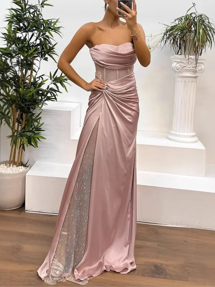 Elegant Strapless Sequin Party Dress for Women - Spring Summer High Slit Fashion Dress - Urban Heaven Co