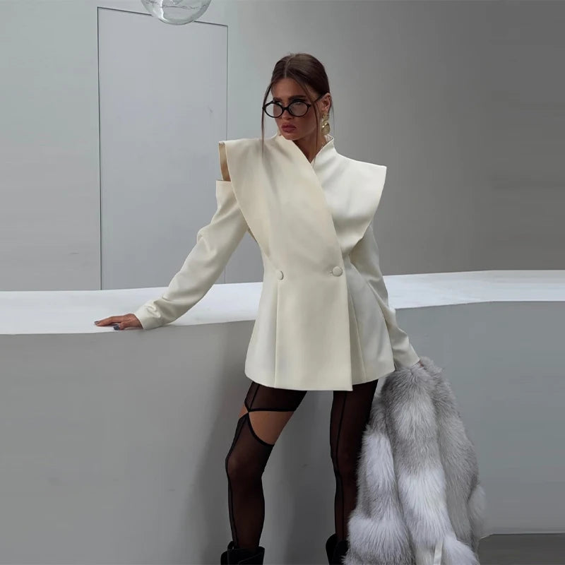 Avant-Garde Women Blazer Solid Jacket with Cutout Shoulders V-neck Full Sleeve for Spring Autumn Fashion Events and Street Style - Urban Heaven Co