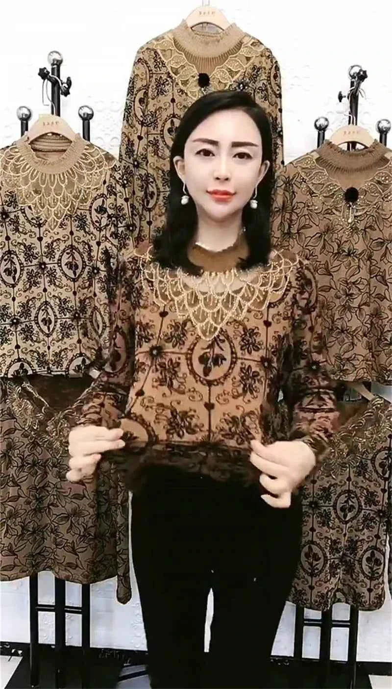 Add Velvet Lace Bottoming Shirt Blouse Women&