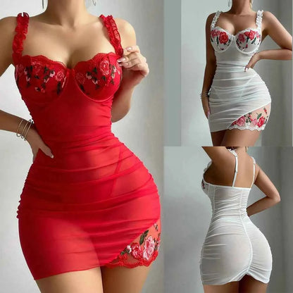 Women Lace Nightdress with Flower Splicing and Embroidered Chest Support Sleeping Nightgown - Urban Heaven Co