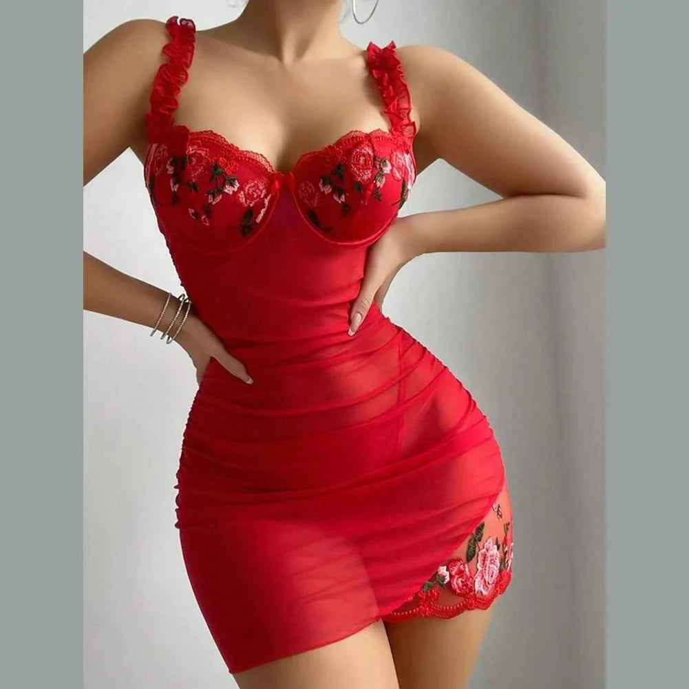 Women Lace Nightdress with Flower Splicing and Embroidered Chest Support Sleeping Nightgown - Urban Heaven Co