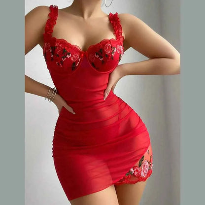 Women Lace Nightdress with Flower Splicing and Embroidered Chest Support Sleeping Nightgown - Urban Heaven Co