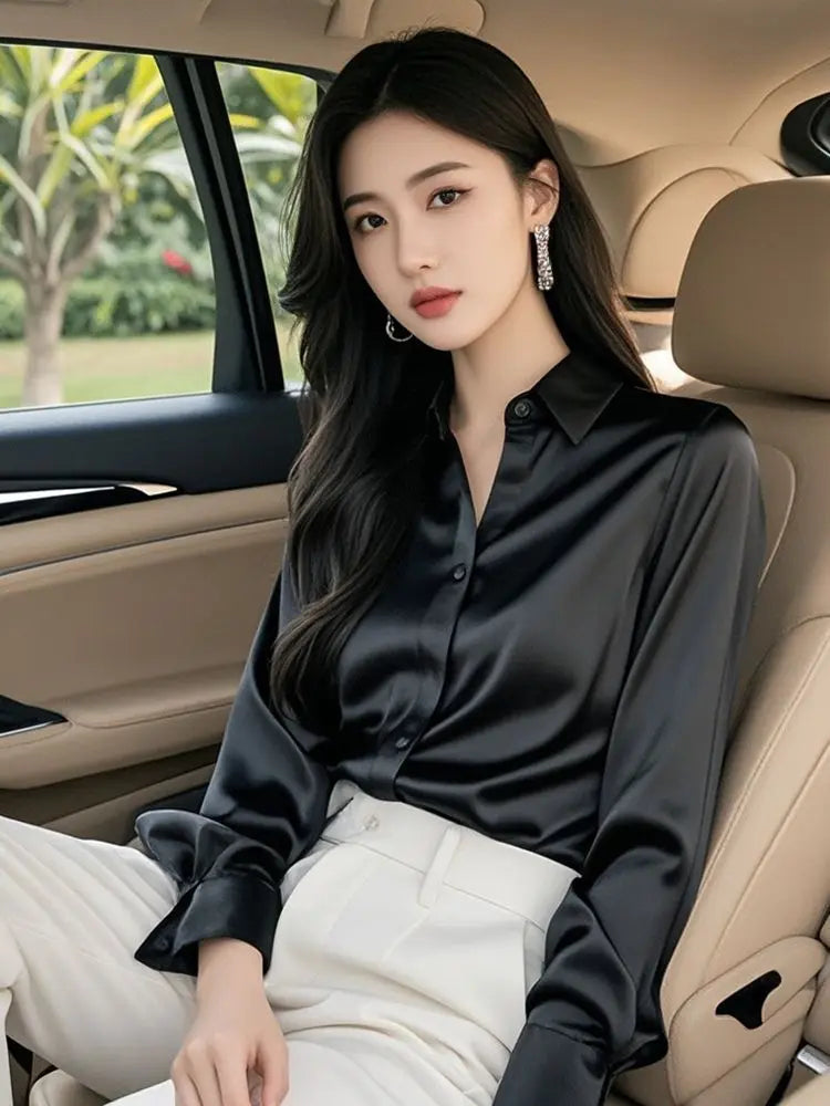 Elegant Silk Office Shirts Women Korean Fashion Y2k Clothes Slim Long Sleeve White Black Blusas Mujer Workwear Tops and Blouses - Urban Heaven Co