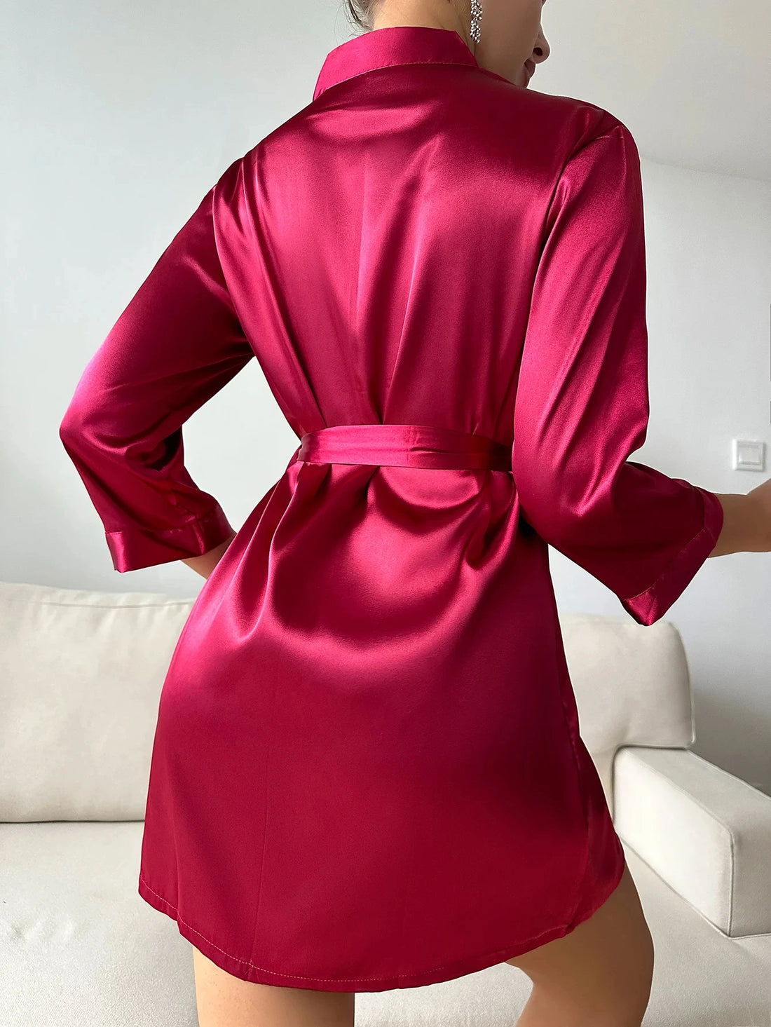Womens Silk Robe - V-Neck Sexy Short Satin Kimono with Belt for Sleepwear and Bridesmaid Dressing Gown - Urban Heaven Co