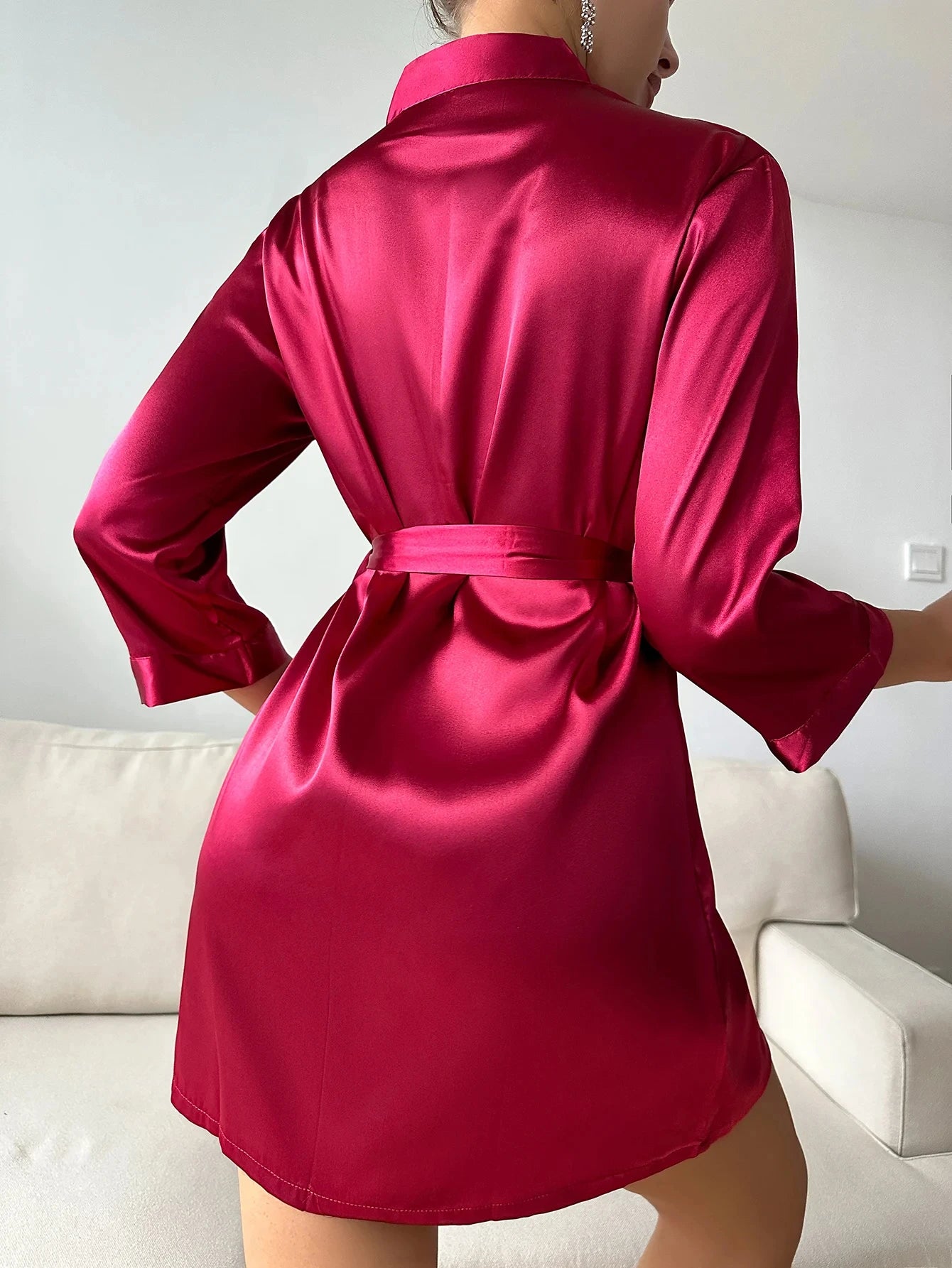 Womens Silk Robe - V-Neck Sexy Short Satin Kimono with Belt for Sleepwear and Bridesmaid Dressing Gown - Urban Heaven Co