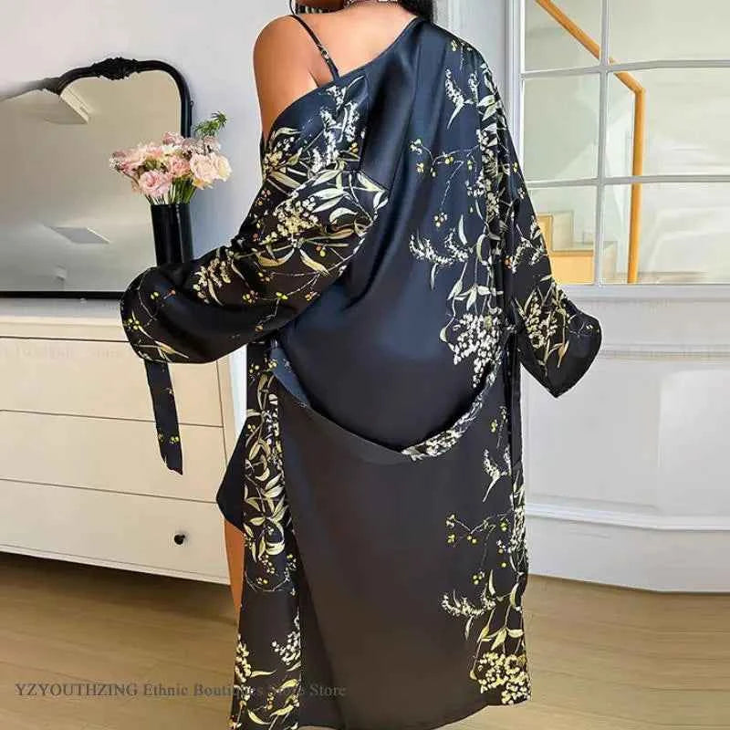 2PCS Robe Set Nightgown Print Flower Kimono Bathrobe Gown Plus Size Silk Satin Sleepwear - Urban Heaven Co