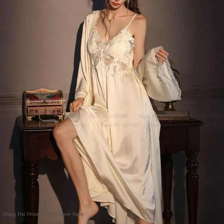 Elegant Female Long Robe Set Nightgown Silky Ice Silk Sleepwear - Urban Heaven Co