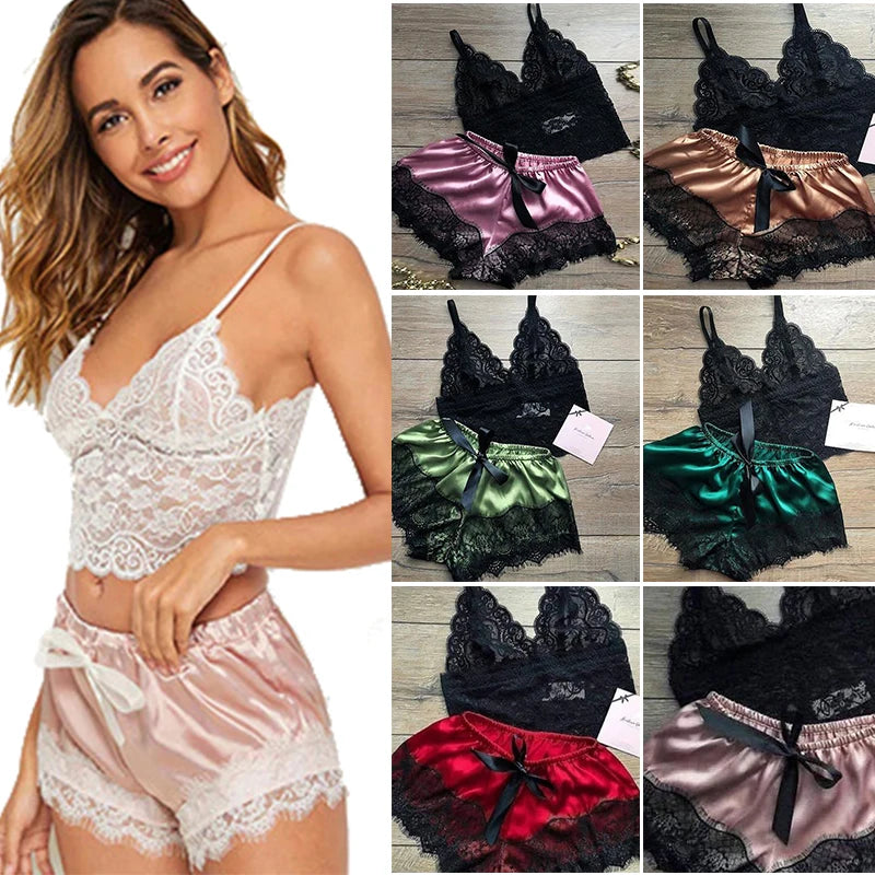 Womens Sexy Lace Nightwear Set - Casual Babydoll Pajamas with Tops and Shorts for Sleepwear - Urban Heaven Co