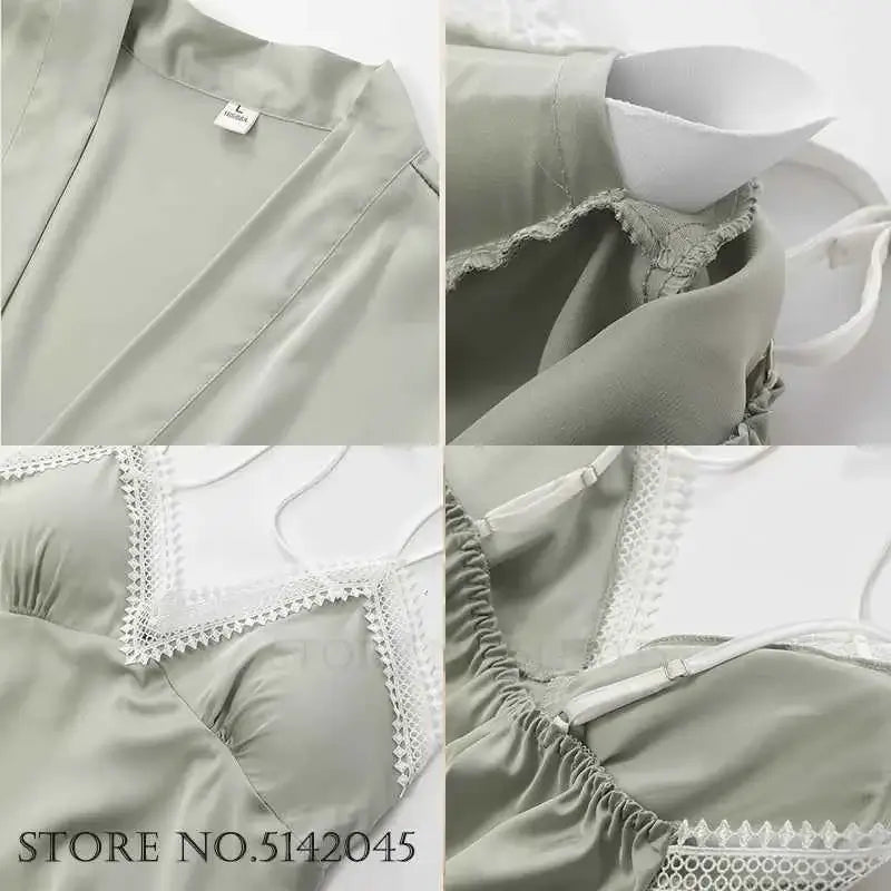 Sexy Lace Trim Nightgown Kimono Bathrobe Gown Loose Silk Satin Home Wear Loungewear Sleepwear Summer New Female Twinset Robe Set - Urban Heaven Co