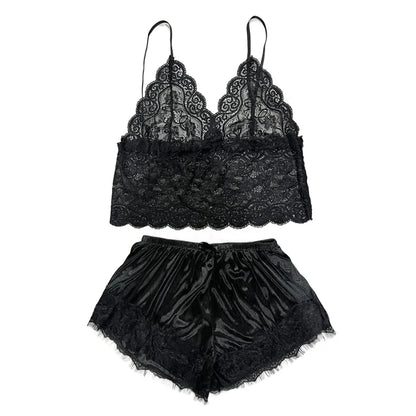 1 Pajamas Set Womens Lace Sleepwear Lingerie Crop Tops And Shorts Babydoll Pajamas Underwear Nightwear - Urban Heaven Co
