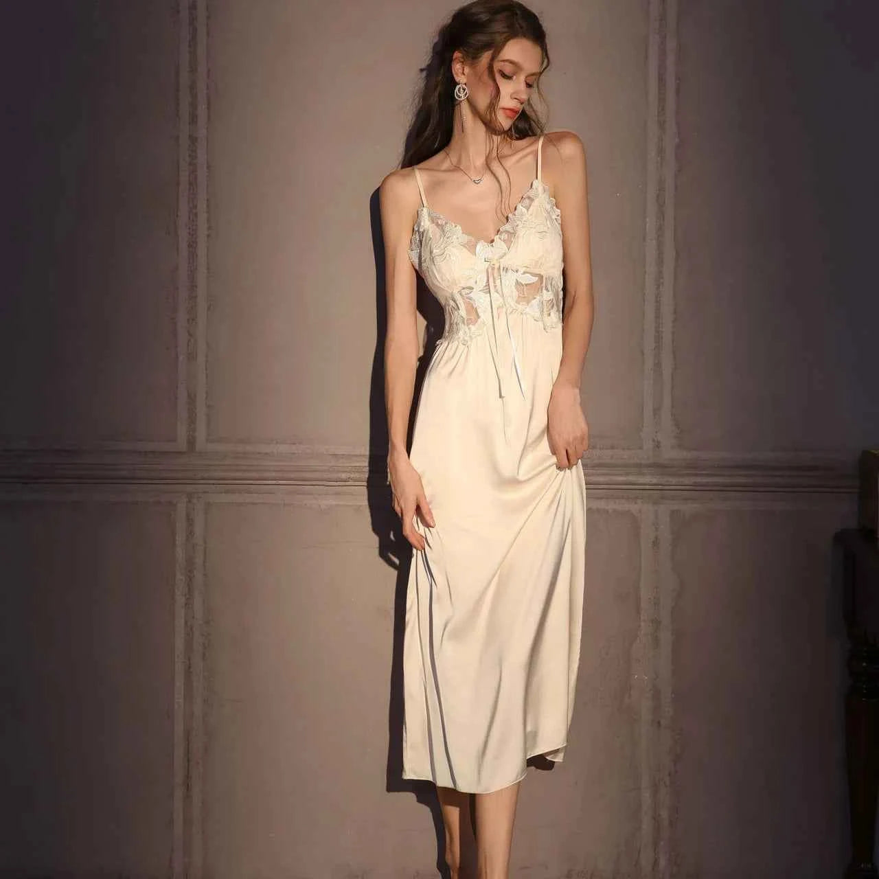 Elegant Female Long Robe Set Nightgown Silky Ice Silk Sleepwear - Urban Heaven Co