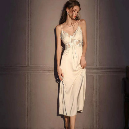 Elegant Female Long Robe Set Nightgown Silky Ice Silk Sleepwear - Urban Heaven Co