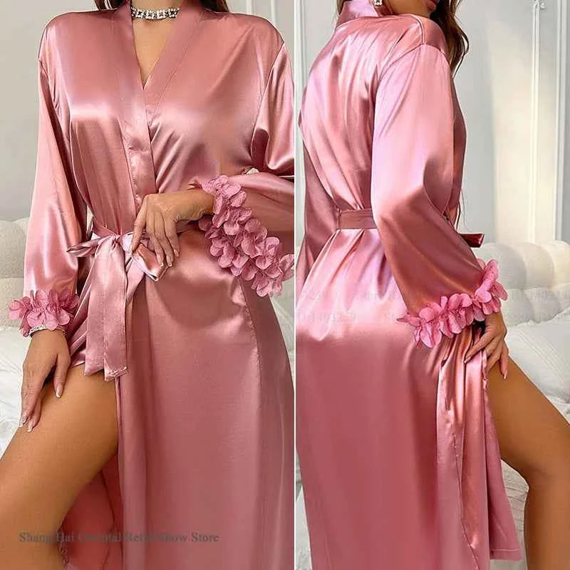 Female 2PCS Robe Set Nightgown Sexy Lace Long Kimono Bathrobe Gown Silk Satin Loungewear Summer Sleepwear Lingerie Homewear - Urban Heaven Co
