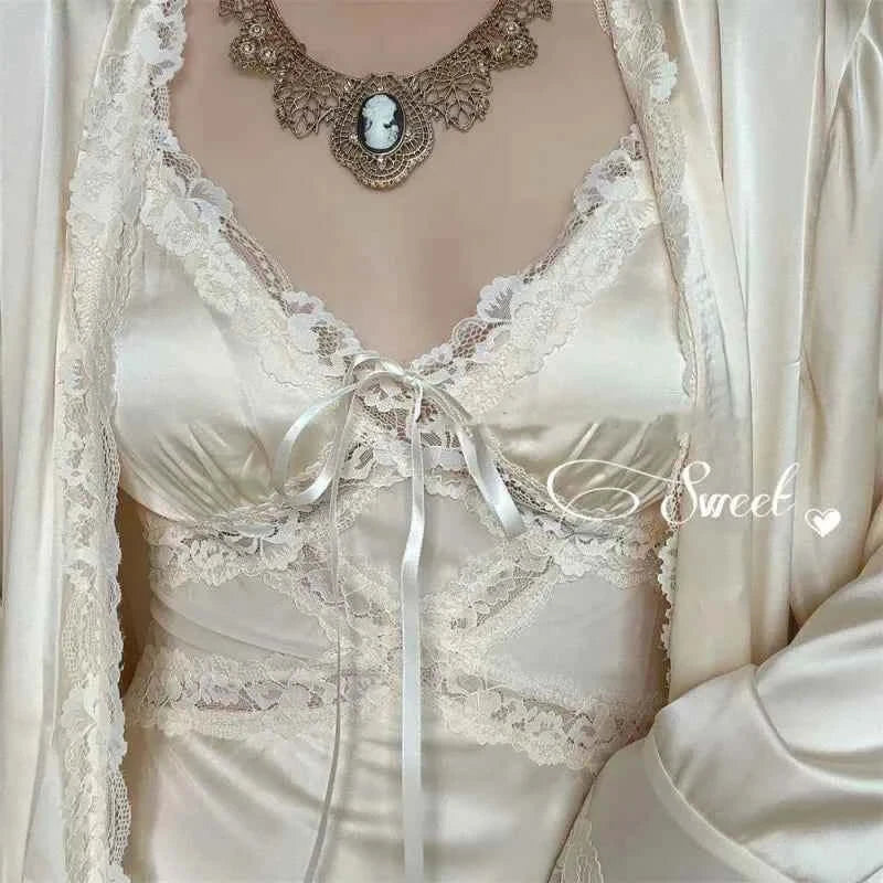 Spring New Nightgown Women Bride Wedding Dress Sweet Lace Patchwork Robe Set Nightdress Elegant Lingerie Summer Long Kimono Gown - Urban Heaven Co