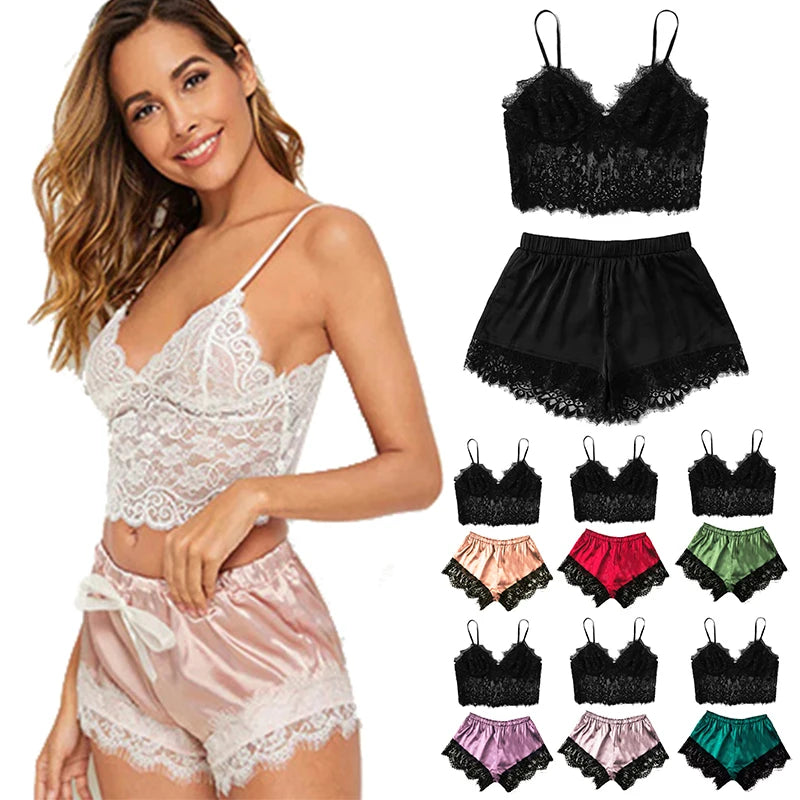 Womens Sexy Lace Nightwear Set - Casual Babydoll Pajamas with Tops and Shorts for Sleepwear - Urban Heaven Co