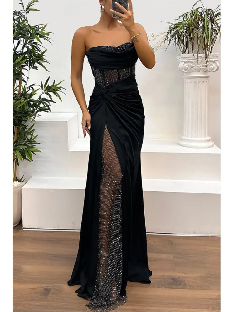 Elegant Strapless Sequin Party Dress for Women - Spring Summer High Slit Fashion Dress - Urban Heaven Co
