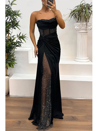 Elegant Strapless Sequin Party Dress for Women - Spring Summer High Slit Fashion Dress - Urban Heaven Co