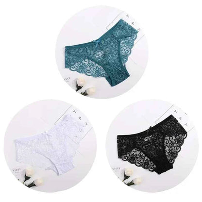 3PCS Lace Panties Set for Women - Sexy Transparent Floral Underwear with Bow and Hollow Out Design, Available in S, M, L, XL - Urban Heaven Co