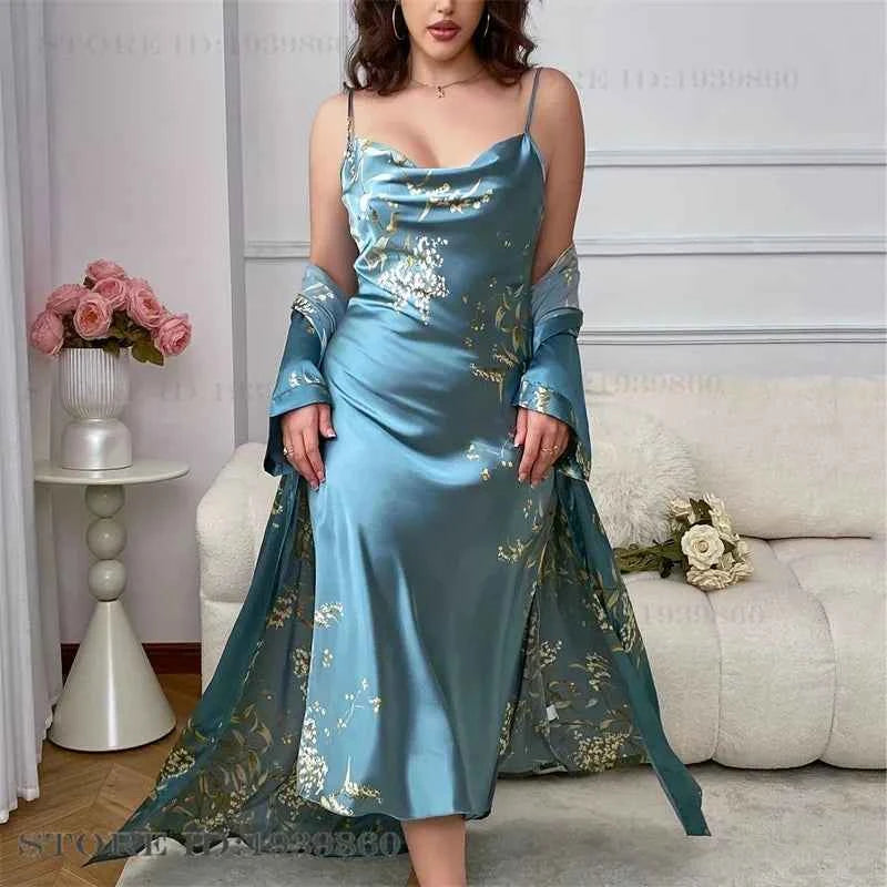 Large Size Female 2Pcs Robe Set Nightgown Print Cherry Long Kimono Bathrobe Gown Sleepwear. - Urban Heaven Co