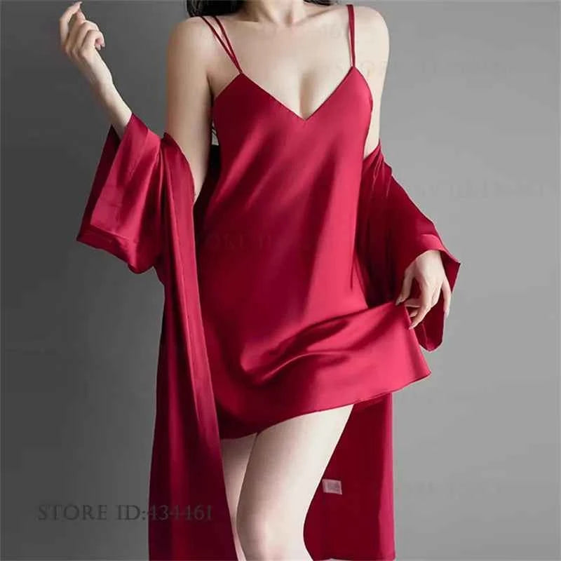 Sexy Lingerie Female Twinset Robe Set Nightgown Spring Summer New Backless Nightdress Sleepwear Loose Ice Silk Homewear Pajama - Urban Heaven Co