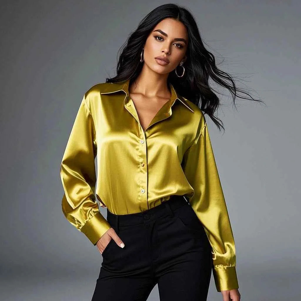 Trending Casual Shirt Elegant Blouses For Women Satin Multicolor Basic Slim Shirt Solid All-Match Top - Urban Heaven Co
