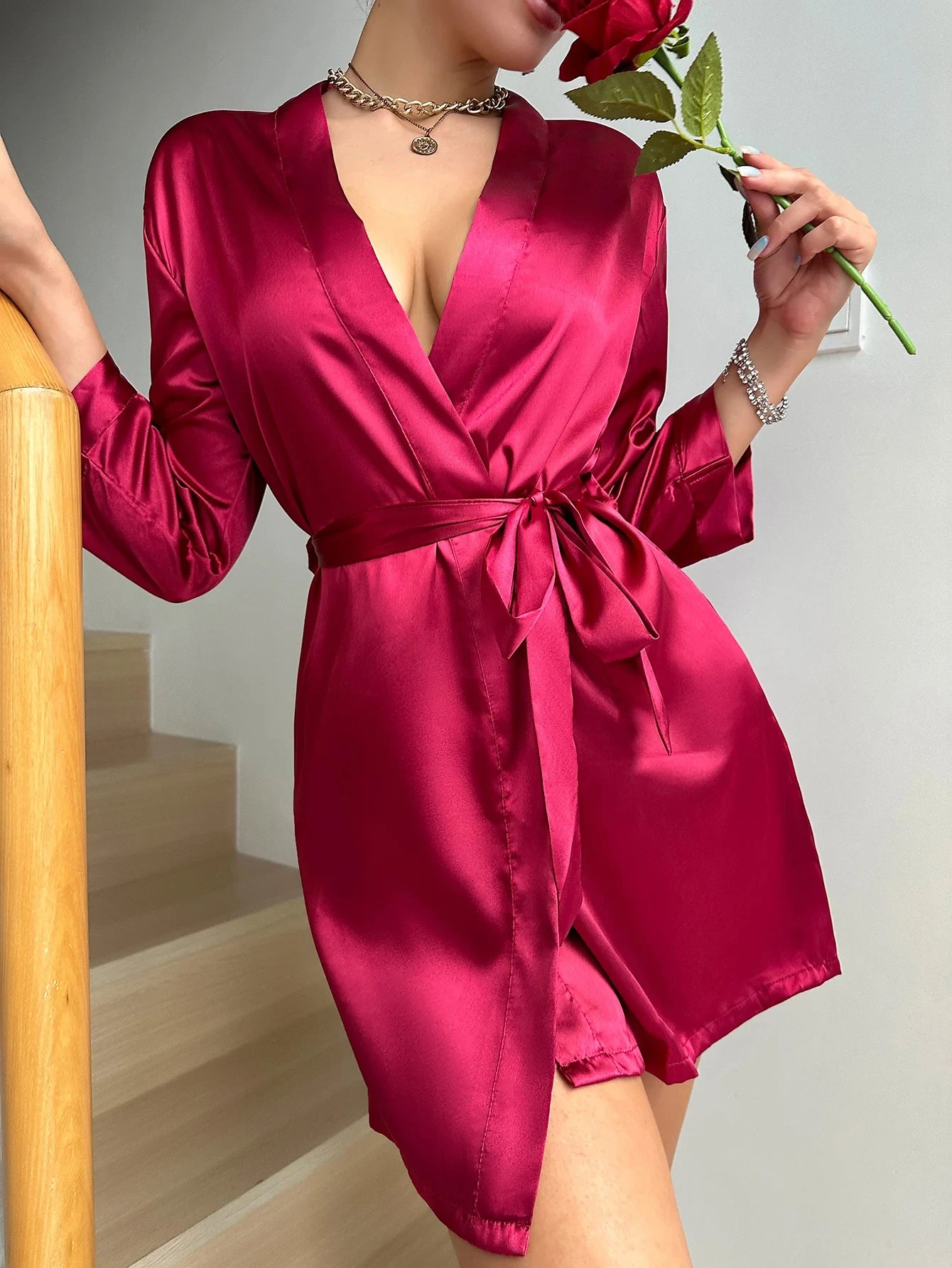 Womens Silk Robe - V-Neck Sexy Short Satin Kimono with Belt for Sleepwear and Bridesmaid Dressing Gown - Urban Heaven Co