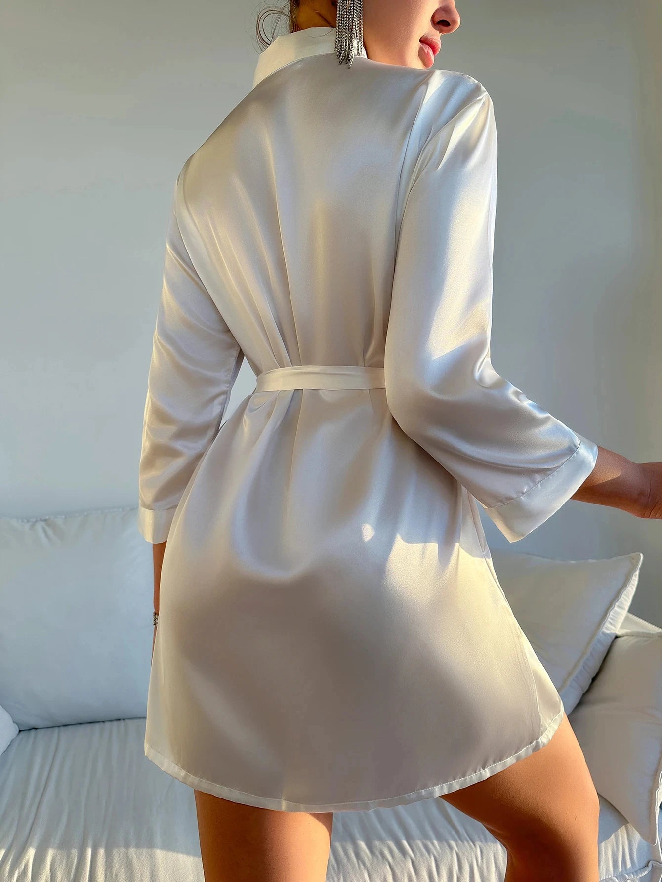 Womens Silk Robe - V-Neck Sexy Short Satin Kimono with Belt for Sleepwear and Bridesmaid Dressing Gown - Urban Heaven Co