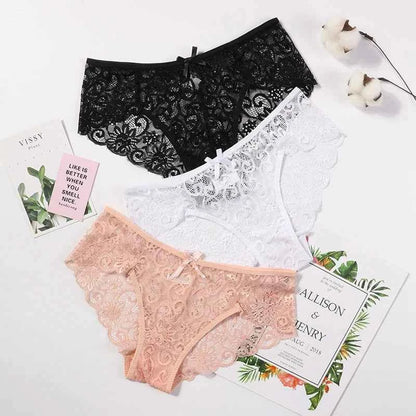 3PCS Lace Panties Set for Women - Sexy Transparent Floral Underwear with Bow and Hollow Out Design, Available in S, M, L, XL - Urban Heaven Co