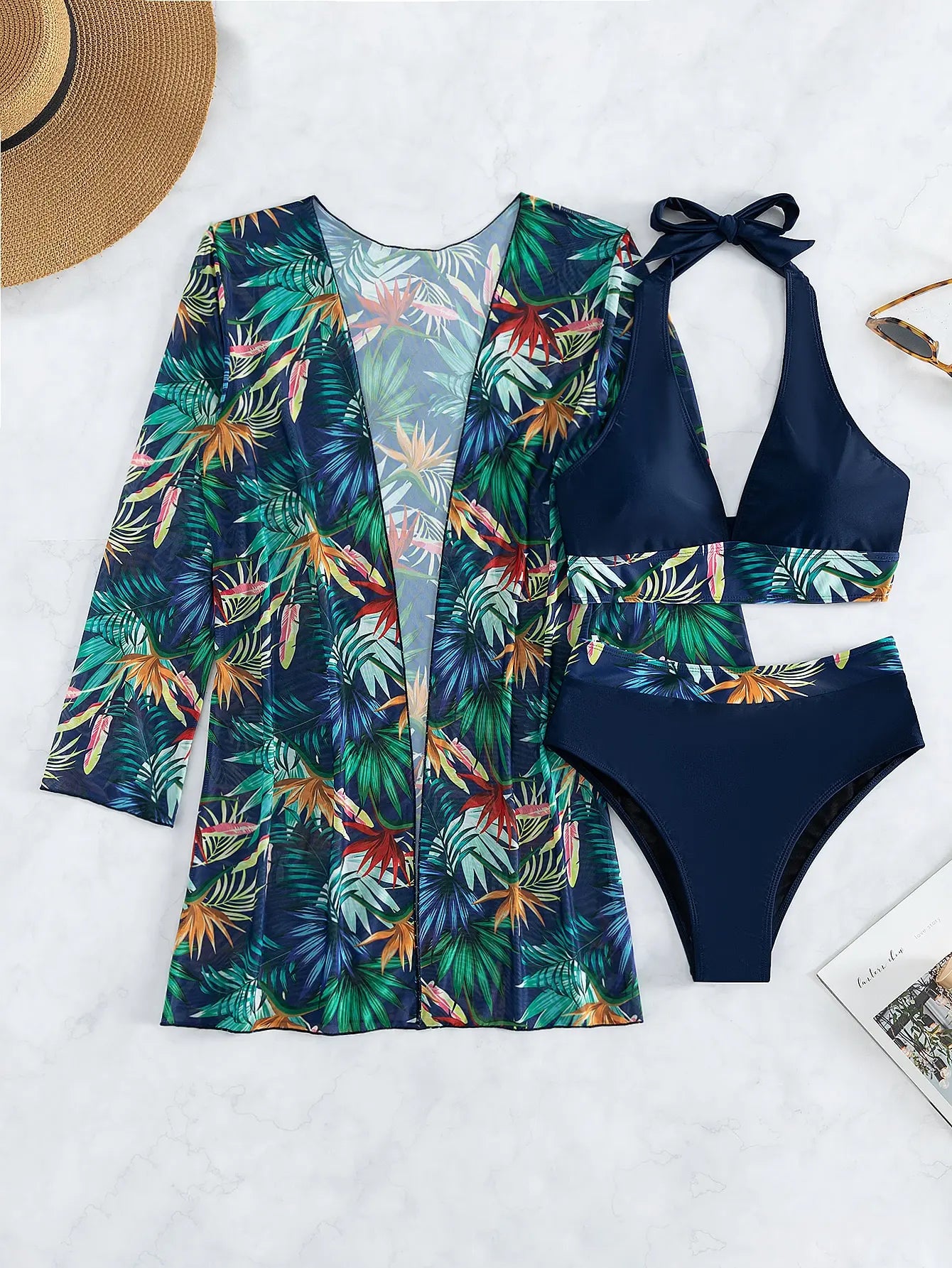 Halter Print Bikini Sets 3PCS Women Swimsuit With Kimono High Waist Swimwear Female Bathers Bathing Swimming Swim Suit Beachwear - Urban Heaven Co